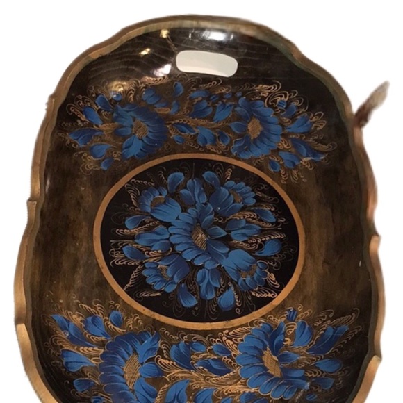 Wooden Mexican Batea Tray Blue Floral Lacquered Handmade Floral Folk A… - Picture 14 of 14